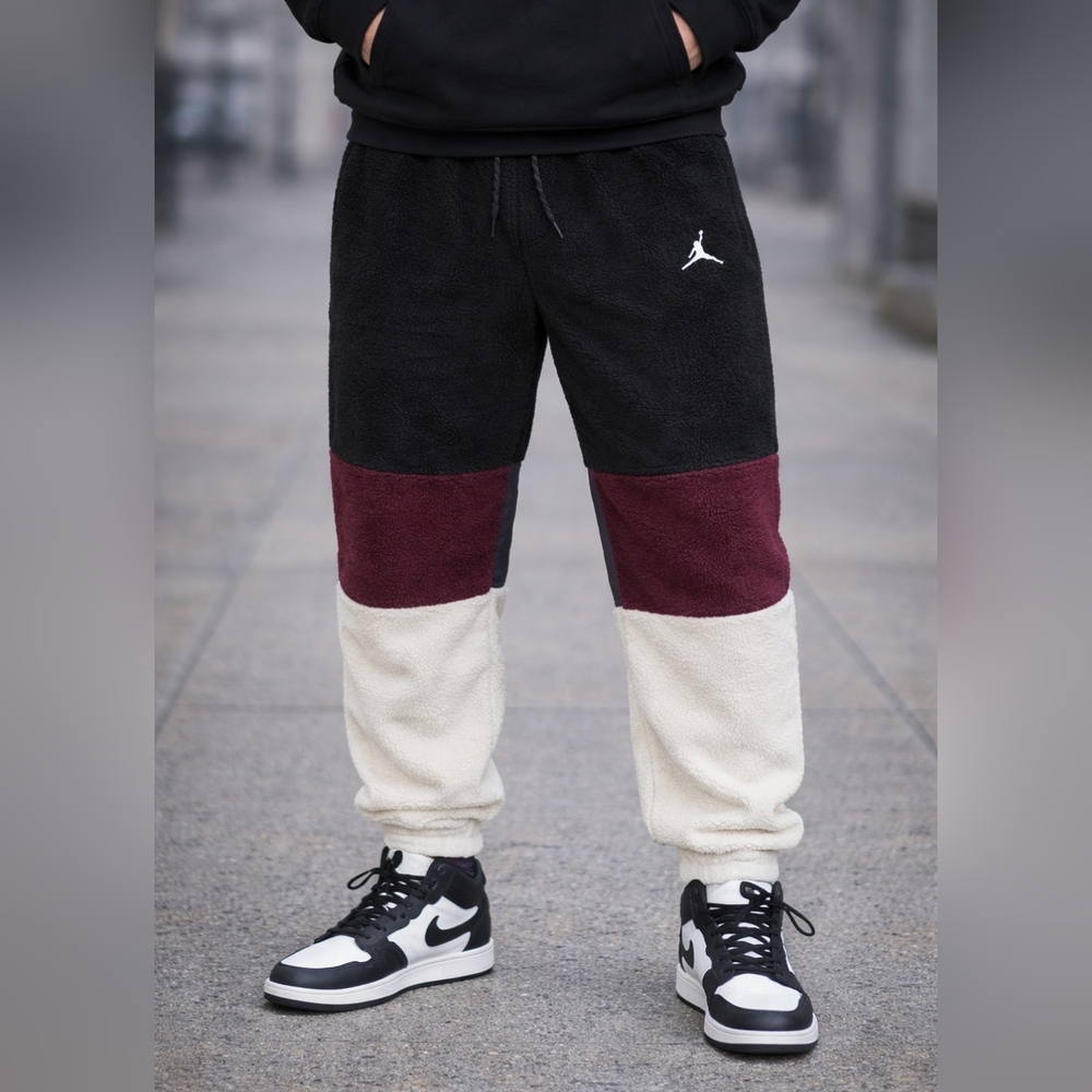 [BQ6955-010] Mens Air Jordan Sherpa Pants Black White Burgundy Large